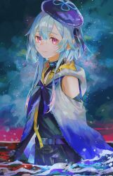 Rule 34 | 1boy, arknights, belt, beret, blue cape, blue hair, cape, clothing cutout, detached sleeves, hat, highres, hood, hood down, hooded cape, infection monitor (arknights), light blue hair, light smile, looking at viewer, male focus, mizuki (arknights), multicolored cape, multicolored clothes, nabeno desu, ocean, outdoors, pink eyes, short hair with long locks, sky, solo, star (sky), starry sky, trap, wading, water, wet, white cape