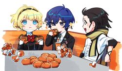 Rule 34 | 1girl, 2boys, :t, aegis (persona), black hair, black jacket, black ribbon, blonde hair, blue eyes, blue hair, booth seating, bow, bowtie, burger, collared shirt, commentary request, cup, disposable cup, drinking, drinking straw, eating, elulit2, fast food, flower, food, food wrapper, gekkoukan high school uniform, grey eyes, holding, holding burger, holding cup, holding food, jacket, korean commentary, long sleeves, looking at another, mochizuki ryouji, mole, mole under eye, multiple boys, persona, persona 3, red bow, ribbon, scarf, school uniform, shirt, short hair, simple background, sitting, sparkle, suspenders, sweat, table, too much food, upper body, white background, wing collar, yellow scarf, yuuki makoto (persona 3)