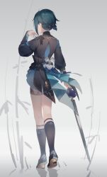 Rule 34 | 1boy, absurdres, ahoge, back cutout, bamboo, black coat, black footwear, black ribbon, black socks, blue hair, blue ribbon, blue shirt, bow, brooch, clothing cutout, coat, coattails, facing away, frilled shirt collar, frilled sleeves, frills, from behind, full body, genshin impact, gold trim, gradient background, grey background, hair ribbon, hand up, high heels, highres, holding, holding sword, holding weapon, jewelry, kneehighs, leaf print, legwear garter, long sleeves, low ponytail, pinstripe pattern, puffy long sleeves, puffy sleeves, ribbon, shadow, shirt, short hair, short shorts, shorts, sidelocks, simple background, socks, sword, turtleneck, walking, weapon, white bow, white shorts, wolfram 1, xingqiu (bamboo rain) (genshin impact), xingqiu (genshin impact)