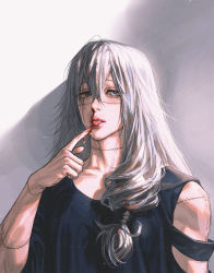 Rule 34 | 1girl, absurdres, bare arms, blood, blood on face, finger to mouth, genderswap, genderswap (mtf), hair between eyes, highres, jujutsu kaisen, licking blood, lips, long hair, mahito (jujutsu kaisen), shirt, silver hair, sleeveless, sleeveless shirt, solo, stitches, tongue, tongue out, wengwengchim