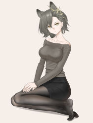 Rule 34 | 1girl, :|, absurdres, animal ears, arknights, bare shoulders, black pantyhose, black skirt, breasts, brown hair, closed mouth, collarbone, full body, grey background, grey nails, hair ornament, hand on own thigh, highres, large breasts, looking at viewer, mole, mole above eye, nail polish, off-shoulder sweater, off shoulder, own hands together, pantyhose, penance (arknights), pencil skirt, seiza, short hair, sitting, skirt, solo, sweater, tiptoes, user dkzg8747, wolf ears, yellow eyes