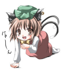 Rule 34 | 1girl, animal ears, brown eyes, brown hair, cat ears, cat girl, cat tail, chen, chibi, crawling, earrings, fang, female focus, full body, hat, jewelry, lowres, multiple tails, nyan, paw pose, short hair, simple background, smile, socks, solo, subaru noji, tail, touhou