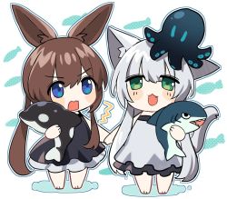 Rule 34 | 2girls, amiya (arknights), animal ears, arknights, black dress, blue eyes, blush, brown hair, cat ears, cat girl, cat tail, chibi, dress, fang, fang out, female focus, green eyes, holding hands, jitome, long hair, multiple girls, nicole (lion), open mouth, ponytail, rabbit ears, rabbit girl, rosmontis (arknights), silver hair, stuffed animal, stuffed octopus, stuffed orca, stuffed shark, stuffed toy, tail, white dress