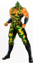 Rule 34 | 1boy, absurdres, bare shoulders, boots, clenched hands, full body, helmet, highres, kinniku ataru, kinnikuman, kinnikuman soldier, large pectorals, looking at viewer, manly, military, military uniform, muscular, pectorals, simple background, solo, standing, uniform, veins, wrestling, wrestling mask, wrestling outfit