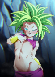 Rule 34 | 1girl, ass, blue eyes, blush, bracer, breasts, clothes lift, clothes pull, collarbone, crop top, dragon ball, dragon ball super, earrings, female focus, green hair, jewelry, kefla (dragon ball), looking at viewer, midriff, muscular, muscular female, navel, nipples, no bra, open mouth, pants, pants pull, potara earrings, pulling own clothes, rom (20), saiyan, shirt lift, small breasts, smile, solo, spiked hair, super saiyan, sweat, underboob, undressing