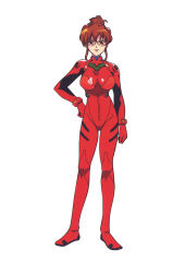 Rule 34 | 1girl, bodysuit, breasts, brown eyes, brown hair, cosplay, full body, hairpods, hand on own hip, highres, interface headset, large breasts, light smile, lipstick, looking at viewer, mahoromatic, makeup, neon genesis evangelion, non-web source, official art, plugsuit, red bodysuit, red lips, rimless eyewear, shikijou saori, sidelocks, simple background, solo, souryuu asuka langley, souryuu asuka langley (cosplay), standing, updo, white background