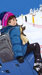 Rule 34 | 1girl, backpack, bag, black bag, black gloves, black pants, blue jacket, blue sky, brown eyes, casual, clear sky, day, down jacket, gloves, highres, ira (servachok), jacket, looking at viewer, pants, russia, russian text, scenery, servachok, sky, snow, tagme, tree