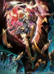 Rule 34 | 1girl, arm guards, armor, armored boots, axe, battle axe, boots, cherche (fire emblem), company connection, copyright name, daigoman, feathers, fire emblem, fire emblem awakening, fire emblem cipher, fire emblem heroes, griffin, holding, holding weapon, long hair, looking at viewer, maid headdress, nintendo, official art, open mouth, red eyes, red hair, shoulder armor, weapon, wings
