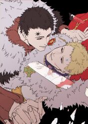 Rule 34 | 2boys, absurdres, black background, black clover, black hair, blonde hair, broken glass, dual persona, facial mark, forehead mark, fur collar, glass, highres, holding hands, julius novachrono, long sleeves, looking at another, lucius zogratis, male focus, medal, multiple boys, parted lips, purple eyes, red eyes, royal robe, short hair, simple background, sosuke ppp, white fur, yaoi