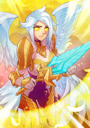 Rule 34 | 1girl, angel wings, armor, armored boots, bodysuit, boots, closed mouth, glowing, glowing eyes, holding, holding weapon, kayle (league of legends), league of legends, medium hair, multiple wings, purple bodysuit, shoulder armor, solo, vmat, weapon, white bodysuit, white hair, white wings, wings, yellow background, yellow eyes