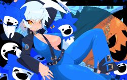 Rule 34 | 1girl, absurdres, bodysuit, breasts, cleavage, cosplay, elizabeth (persona), highres, jack-o&#039; valentine, jack frost (megami tensei), jiansketch, large breasts, no bra, persona, persona 3, short hair, solo, white hair, yellow eyes