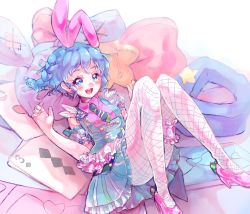 Rule 34 | 1girl, :d, animal ears, armband, blue dress, blush stickers, braid, card, dorothy west, dress, fishnets, high heels, highres, looking at viewer, lying, necktie, noromame, on back, open mouth, pillow, pink bunny ears, pink footwear, playing card, pretty series, pripara, rabbit ears, short hair, short necktie, sleeveless, smile, solo, spade (shape), striped necktie, striped neckwear, stuffed animal, stuffed rabbit, stuffed toy