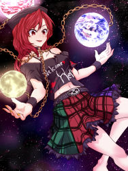 Rule 34 | 1girl, bare shoulders, benizuwai, chain, clothes writing, collar, earth (ornament), hat, hecatia lapislazuli, highres, long hair, moon (ornament), multicolored clothes, multicolored skirt, open mouth, red eyes, red hair, shirt, skirt, smile, solo, space, star (sky), t-shirt, touhou