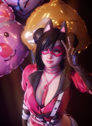 Rule 34 | 1girl, 3d, animal ears, ballon, belt, black hair, breasts, cat ears, chocobo, cleavage, double bun, final fantasy, final fantasy vii, final fantasy vii remake, gloves, hair bun, highres, jacket, large breasts, long hair, looking at viewer, mask, moogle, pink jacket, pink mask, red eyes, ria-neearts, solo, square enix, tifa lockhart, v