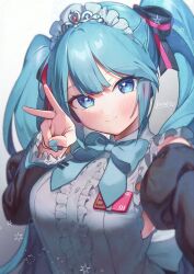 Rule 34 | artist name, black ribbon, black sleeves, blue bow, blue eyes, blue hair, blue nails, blunt bangs, blurry, blurry foreground, bow, bowtie, breasts, detached sleeves, frilled shirt, frills, gradient background, hatsune miku, heart, heart in eye, kirisaki shuusei, large breasts, looking at viewer, maid headdress, parted bangs, ribbon, ribbon hair, selfie, shirt, sleeveless, sleeveless shirt, symbol in eye, tiara, twintails, upper body, v, vocaloid