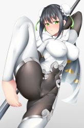 Rule 34 | 1girl, absurdres, arm behind head, barefoot, black hair, blush, bodysuit, breasts, bun cover, cameltoe, chinese clothes, cleft of venus, covered erect nipples, covered navel, double bun, fate/grand order, fate (series), green eyes, grey background, hair between eyes, hair bun, highres, large breasts, leg up, lomocya, looking at viewer, polearm, qin liangyu (fate), skin tight, solo, weapon, white bodysuit