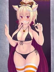 Rule 34 | 1girl, animal ears, bikini, black bikini, blonde hair, bow, breasts, cape, cat ears, claw pose, cleavage, cowboy shot, curvy, fake horns, grin, hair bow, halloween, halloween costume, hand on wall, highres, horns, jewelry, large breasts, looking at viewer, navel, nottytiffy, original, panties, paw pose, pendant, ponytail, pumpkin, red eyes, sidelocks, skindentation, smile, solo, striped clothes, striped thighhighs, swimsuit, teeth, thighhighs, thighs, tiffy (nottytiffy), underwear