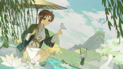 Rule 34 | 1boy, 1girl, bird, blurry, brown hair, chinese clothes, chinese text, closed mouth, cloud, day, duijin ruqun, flower, hanfu, highres, holding, holding umbrella, jiaoling ruqun, lily pad, long hair, long sleeves, lotus, mountain, oil-paper umbrella, outdoors, red eyes, short hair, sitting, sky, smile, umbrella, water, white flower, wide sleeves, willow, zhima xing bingle