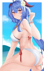 Rule 34 | 1girl, absurdres, ahoge, alternate costume, ass, bare shoulders, bikini, blue hair, blush, bracelet, breasts, closed mouth, flower, from behind, ganyu (genshin impact), genshin impact, goat horns, hair ornament, hand up, highres, horns, jewelry, kneeling, kuro (blackpgmickey), large breasts, long hair, looking at viewer, looking back, outdoors, paid reward available, purple eyes, qingxin flower, smile, solo, swimsuit, thighs, white bikini, white flower