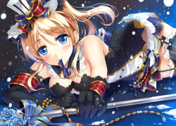 Rule 34 | 10s, 1girl, asymmetrical gloves, ayase eli, bad id, bad pixiv id, bare shoulders, black gloves, black thighhighs, blonde hair, blue eyes, blush, breasts, cafe maid (love live!), detached collar, elbow gloves, garter straps, gloves, hat, looking at viewer, love live!, love live! school idol festival, love live! school idol project, lying, medium breasts, microphone, microphone stand, mismatched gloves, mouth hold, musical note, on side, ponytail, snow, snowing, solo, sousouman, thighhighs, treble clef, wide hips