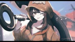 Rule 34 | 1girl, :p, anchor, brown eyes, brown hair, cabbie hat, collarbone, fingerless gloves, gloves, guilty gear, guilty gear strive, hat, hat ornament, highres, holding, holding anchor, hood, hoodie, jacket, may (guilty gear), one eye closed, orange hat, orange hoodie, orange jacket, orange shirt, pirate, portrait, shirt, skull and crossbones, skull hat ornament, solo, sutorobo72, tongue, tongue out