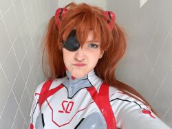 Rule 34 | 1girl, :/, blue eyes, bodysuit, brazilian (nationality), breasts, brown hair, cosplay, evangelion: 3.0+1.0 thrice upon a time, freckles, highres, interface headset, lips, looking at viewer, memepantazis, neon genesis evangelion, photo (medium), plugsuit, rebuild of evangelion, shiny clothes, small breasts, solo, souryuu asuka langley, souryuu asuka langley (cosplay), standing, tsundere, twintails, two side up, white bodysuit
