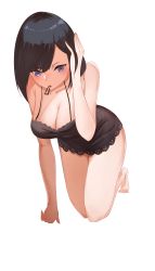 Rule 34 | 1girl, absurdres, all fours, bare shoulders, barefoot, black dress, black hair, blue eyes, breasts, cleavage, collarbone, dress, tucking hair, highres, izaac, large breasts, looking at viewer, medium hair, mouth hold, nightgown, original, simple background, solo, spaghetti strap, swept bangs, white background