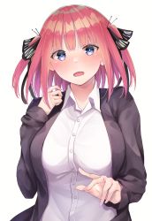 Rule 34 | 1girl, absurdres, black cardigan, blue eyes, blunt bangs, blush, breasts, butterfly hair ornament, cardigan, collared shirt, commentary, eyebrows hidden by hair, go-toubun no hanayome, gradient nails, hair ornament, hand up, highres, large breasts, long sleeves, looking at viewer, medium hair, nakano nino, open cardigan, open clothes, open mouth, pink hair, shirt, simple background, solo, upper body, white background, white shirt, yuunamida uyu