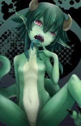 Rule 34 | 1girl, breasts, claws, colored skin, fangs, female focus, green hair, green skin, highres, horns, lizard tail, long tongue, looking at viewer, monster girl, no nipples, no pussy, open mouth, original, pointy ears, ruu bot, sitting, slit pupils, small breasts, solo, spread legs, tail, tongue, tongue out