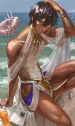Rule 34 | 1boy, 1other, alternate costume, arjuna (fate), black hair, dark-skinned male, dark skin, egawa akira, fate/grand order, fate (series), hair between eyes, highres, jewelry, looking at viewer, male focus, ocean, revealing clothes, seashell, shell, sky, solo focus, swimsuit, thighs, topless male