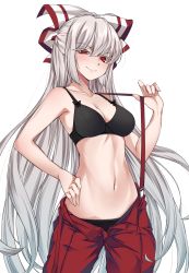 Rule 34 | 1girl, bare arms, bare shoulders, black bra, black panties, blush, bow, bra, breasts, cleavage, collarbone, colored eyelashes, cowboy shot, fujiwara no mokou, hair between eyes, hair bow, hand on own hip, hand up, highres, long hair, looking at viewer, medium breasts, momendoufu, navel, open fly, panties, pants, pulled by self, red eyes, red pants, silver hair, simple background, smile, solo, standing, stomach, suspenders, suspenders pull, touhou, underwear, uneven eyes, v-shaped eyebrows, very long hair, white background, white bow