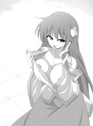 Rule 34 | 1girl, bare shoulders, breasts, collarbone, detached sleeves, female focus, frog hair ornament, greyscale, hachi (chihagura), hair ornament, kochiya sanae, large breasts, long hair, long sleeves, looking at viewer, monochrome, nipple slip, nipples, no bra, open clothes, open mouth, open shirt, saliva, shirt, skirt, snake hair ornament, solo, tongue, tongue out, touhou, very long hair, wide sleeves