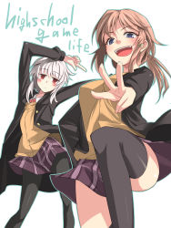 Rule 34 | 2girls, absurdres, arm up, arms up, bad id, bad pixiv id, black legwear, black skirt, blue eyes, breasts, brown hair, english text, hair ornament, highres, jacket, jitome, leg up, looking at viewer, miniskirt, multiple girls, open mouth, original, pantyhose, ponytail, red eyes, ribbon, school uniform, short hair, simple background, skirt, striped clothes, striped skirt, sweater vest, thighhighs, vertical-striped clothes, vertical-striped skirt, white background, white hair, yamane akira, zettai ryouiki