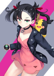 Rule 34 | 1girl, :d, asymmetrical bangs, black choker, black hair, black jacket, black nails, blush, breasts, choker, closed mouth, collarbone, commentary request, creatures (company), dress, dusk ball, earrings, eyebrows hidden by hair, game freak, gen 8 pokemon, green eyes, hair ribbon, highres, holding, holding poke ball, irohara, jacket, jewelry, looking at viewer, marnie (pokemon), morpeko, morpeko (full), nail polish, nintendo, open clothes, open jacket, open mouth, pink dress, poke ball, pokemon, pokemon (creature), pokemon swsh, red ribbon, ribbon, sidelocks, small breasts, smile, twintails, v-shaped eyebrows