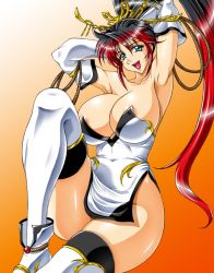 Rule 34 | 1girl, armpits, arms up, artist request, banpresto, breasts, cleavage, curvy, dress, hip focus, huge breasts, infinite frontier, looking at viewer, nanbu kaguya, nipple slip, nipples, open mouth, solo, strapless, strapless dress, super robot wars, super robot wars og saga mugen no frontier, thighhighs, wide hips