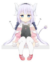 Rule 34 | 10s, 1girl, animal, animal on lap, beads, black bow, black cat, black hairband, blue eyes, blunt bangs, blush, bow, capelet, cat, cat on lap, dragon girl, dragon horns, dragon tail, dress, full body, hair beads, hair bow, hair ornament, hairband, holding, holding animal, holding cat, horns, kanna kamui, kobayashi-san chi no maidragon, long hair, long sleeves, looking at viewer, monster girl, on lap, red footwear, shoes, short dress, silver hair, simple background, sitting, tail, thighhighs, twintails, white thighhighs, yukichi (eikichi)