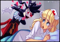 Rule 34 | 1boy, 1girl, animaniacs, animaniacs (2020), animification, blonde hair, blue eyes, boxers, cosplay, hat, heart, heart-shaped pupils, hello nurse, highres, long hair, looking at another, lupin dive, lupin iii, male underwear, nurse, nurse cap, parody, pounce, surprised, symbol-shaped pupils, underwear, yakko warner