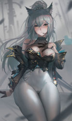 Rule 34 | 1girl, absurdres, alternate costume, animal ear fluff, animal ears, areola slip, arknights, bare shoulders, bird, black gloves, black jacket, blurry, blurry background, breasts, brown eyes, cat ears, closed mouth, collar, covered navel, depth of field, gloves, hand on own chest, headset, high ponytail, highres, infection monitor (arknights), jacket, jiam009, large breasts, long hair, looking at viewer, off shoulder, open clothes, open jacket, pants, schwarz (arknights), silver hair, solo, tight clothes, tight pants, v-shaped eyebrows, very long hair, white pants, wide hips, wristband