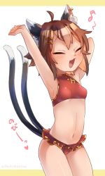 Rule 34 | 1girl, ahoge, animal ear fluff, animal ears, armpit crease, arms up, bikini, blush, breasts, brown hair, cat ears, cat tail, chen, commentary request, earrings, frilled swimsuit, frills, hair ornament, hairclip, highres, ibaraki natou, jewelry, multiple tails, musical note, navel, open mouth, red bikini, short hair, single earring, small breasts, solo, stomach, stretching, swimsuit, tail, touhou, two tails, yawning