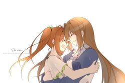 2girls ^_^ affectionate artist_name brown_hair closed_eyes commentary_request eiyuu_densetsu estelle_bright hair_intakes hug lena_bright long_hair mother_and_daughter multiple_girls open_mouth orange_hair parang_(its_me_ovo) simple_background smile sora_no_kiseki twintails watermark white_background