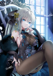 Rule 34 | 1girl, akatsuki hijiri, bare shoulders, blue eyes, breasts, bridal gauntlets, commentary request, crossed legs, fate/grand order, fate (series), feather boa, grey hair, hair ornament, hand up, highres, large breasts, long hair, looking at viewer, morgan le fay (fate), parted lips, sitting, solo, thighs, window