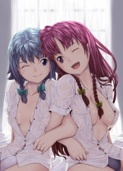 Rule 34 | 2girls, blue eyes, bow, braid, breasts, cleavage, embodiment of scarlet devil, female focus, gustav (telomere na), hair bow, highres, hong meiling, izayoi sakuya, locked arms, medium breasts, multiple girls, one eye closed, open clothes, open mouth, open shirt, panties, red hair, see-through, shirt, silver hair, small breasts, smile, touhou, twin braids, underwear, wink