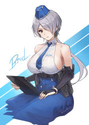 Rule 34 | 1girl, absurdres, armpit crease, bare shoulders, belt pouch, blue eyes, blue hat, blue necktie, blue skirt, breasts, brid (nikke), bridal gauntlets, character name, collarbone, collared shirt, commentary request, covered navel, cropped legs, dangle earrings, earrings, garrison cap, goddess of victory: nikke, grey hair, hair over one eye, hat, high-waist skirt, highres, holding, holding tablet pc, jewelry, large breasts, long hair, long skirt, looking at viewer, low ponytail, necktie, no mole, parted lips, partial commentary, pouch, shirt, sideboob, sidelocks, signature, sitting, skirt, sleeveless, solo, striped necktie, tablet pc, takeclaire, white background, white shirt