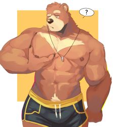 Rule 34 | 1boy, abs, animal ears, bear, bear boy, bear ears, brown hair, cliok (megacilok), commentary, furry, furry male, highres, jewelry, large pectorals, male focus, navel, necklace, nipples, original, pectorals, shorts, solo, thick eyebrows, topless male, yellow eyes
