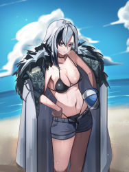 Rule 34 | 1girl, absurdres, arlecchino (genshin impact), ball, bare shoulders, beach, beachball, bikini, black bikini, black hair, blue sky, breasts, cloud, coat, coat on shoulders, commentary, cowboy shot, day, english commentary, fur-trimmed coat, fur trim, genshin impact, grey coat, grey eyes, grey hair, grey shorts, hand on own hip, has bad revision, has cropped revision, highres, holding, holding ball, looking at viewer, md5 mismatch, medium breasts, multicolored hair, navel, ocean, open fly, outdoors, plabit, resolution mismatch, short hair, short shorts, shorts, sky, solo, source smaller, standing, stomach, streaked hair, sweat, swimsuit, thighs, water