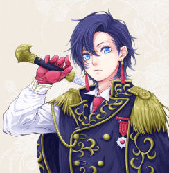 Rule 34 | 1boy, blue eyes, blue hair, earrings, expressionless, gloves, hair between eyes, hand up, highres, holding, holding sword, holding weapon, jewelry, long sleeves, looking at viewer, male focus, military, military uniform, muto (n0sug4r), necktie, original, red gloves, red necktie, shirt, short hair, solo, sword, uniform, upper body, weapon, white shirt