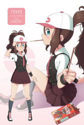Rule 34 | 1girl, absurdres, alternate costume, antenna hair, arm support, artist name, baseball cap, black vest, blue eyes, blush, boots, brown hair, brown skirt, buttons, character name, closed mouth, commentary, creatures (company), food, food in mouth, game freak, grey socks, hair between eyes, hat, high ponytail, highres, hilda (pokemon), holding, incoming food, kneehighs, knees, legs apart, long hair, mouth hold, multiple views, necktie, nintendo, pink necktie, pleated skirt, pocky, pocky in mouth, poke ball print, pokemon, pokemon bw, scarletsky, school uniform, shirt, sidelocks, skirt, socks, standing, vest, white shirt, wristband