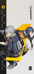 Rule 34 | 1boy, 1girl, absurdres, belle (zenless zone zero), black pants, blue hair, blue jacket, calendar (medium), carrying, carrying over shoulder, carrying person, commentary request, copyright name, green eyes, grey background, grey hair, hair between eyes, highres, holding, jacket, long sleeves, official art, over shoulder, pants, shoes, short hair, smile, sneakers, wise (zenless zone zero), zenless zone zero