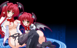 Rule 34 | 2girls, ass, bat wings, breasts, clone, female focus, koakuma, lingerie, multiple girls, open clothes, open shirt, pointy ears, red hair, shirt, embodiment of scarlet devil, thighhighs, touhou, underwear, wings, yellow eyes