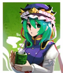 Rule 34 | 1girl, balance scale, blue hat, cup, epaulettes, frilled hat, frills, gradient background, green background, green eyes, green hair, hat, highres, holding, holding cup, iganashi1, juliet sleeves, long sleeves, looking at viewer, open mouth, puffy sleeves, shiki eiki, short hair, smoke, solo, touhou, upper body, weighing scale